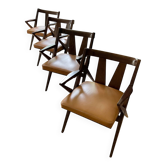 4 Fauteuils de table inspiration style Pierre Jeanneret bois massif et cuir