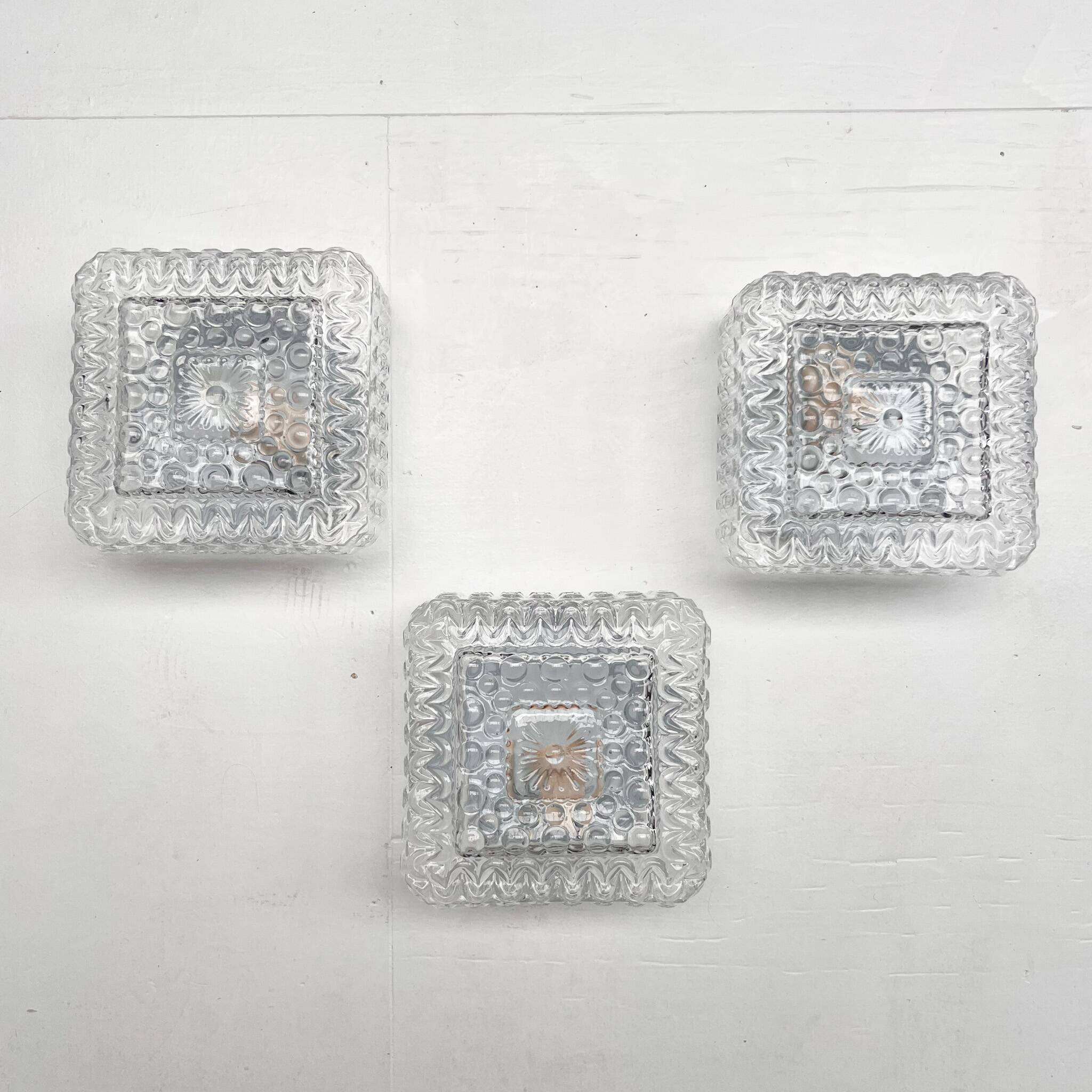 Set of 3 ice glass ceiling lamps, 1970s
