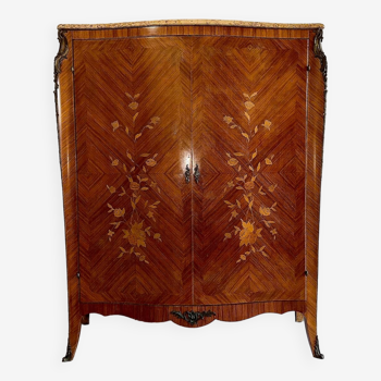 Louis XV Style Marquetry Wardrobe with Marble, Rosewood and Floral Motifs