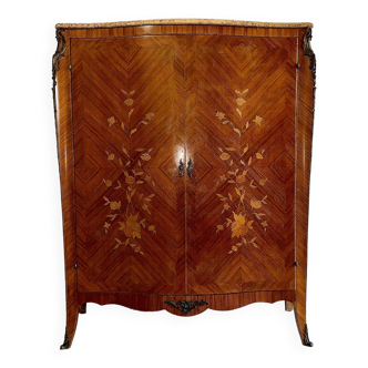 Louis XV Style Marquetry Wardrobe with Marble, Rosewood and Floral Motifs