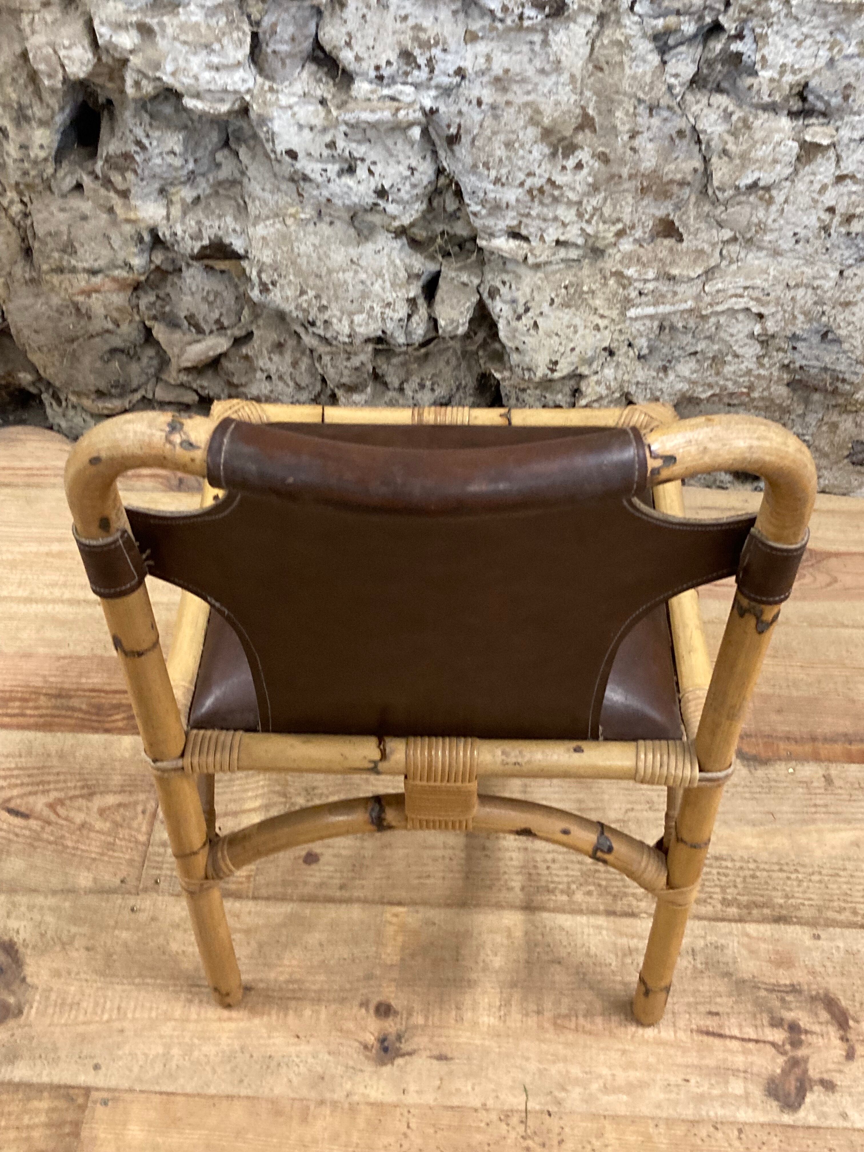 Vintage chair in rattan and bamboo and brown leather