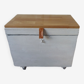 Vintage chest on casters pearl gray interior slate gray, oak top.