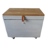 Vintage chest on casters pearl gray interior slate gray, oak top.