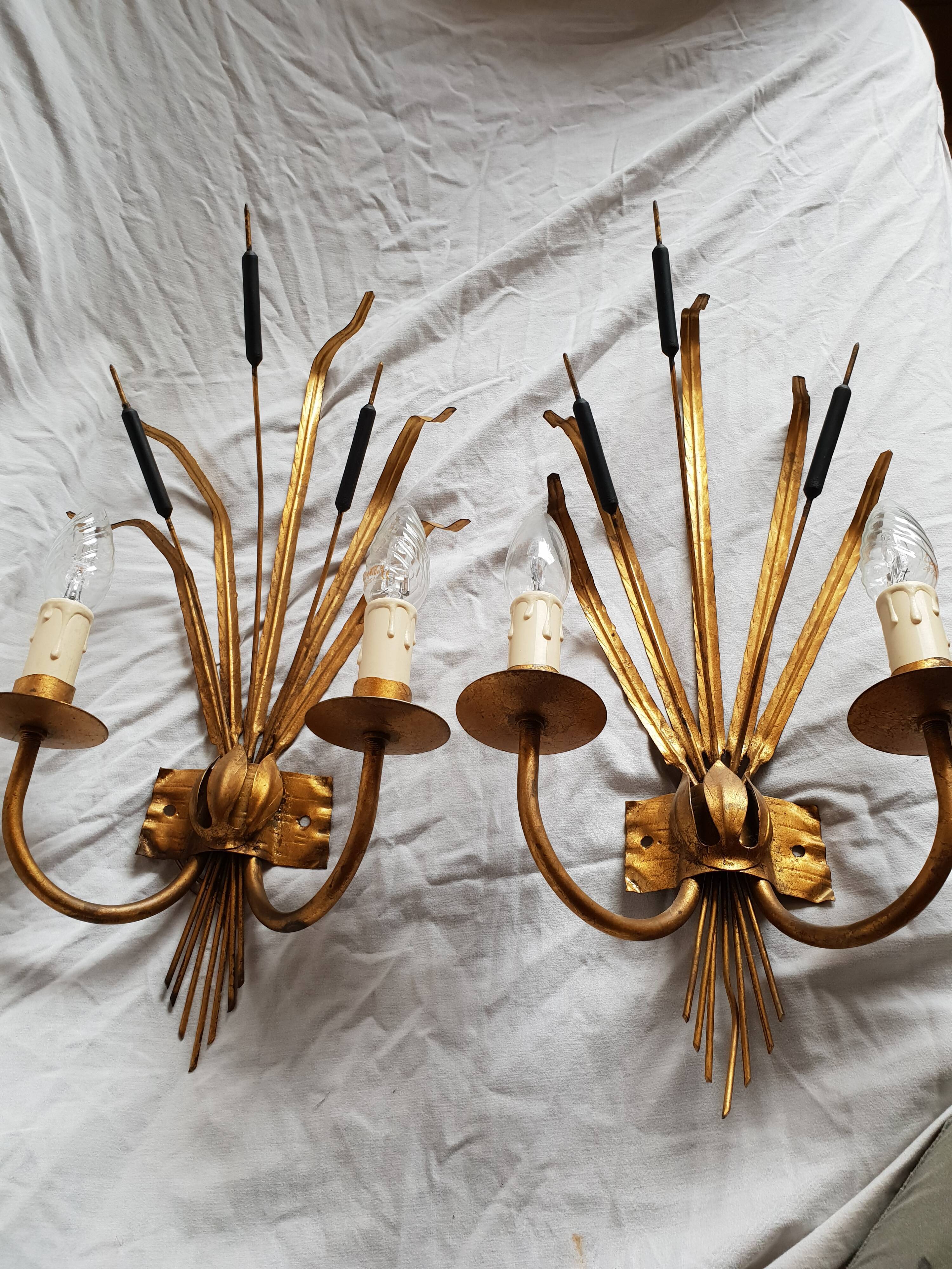Pair of gilded metal reed wall lamps