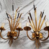 Pair of gilded metal reed wall lamps