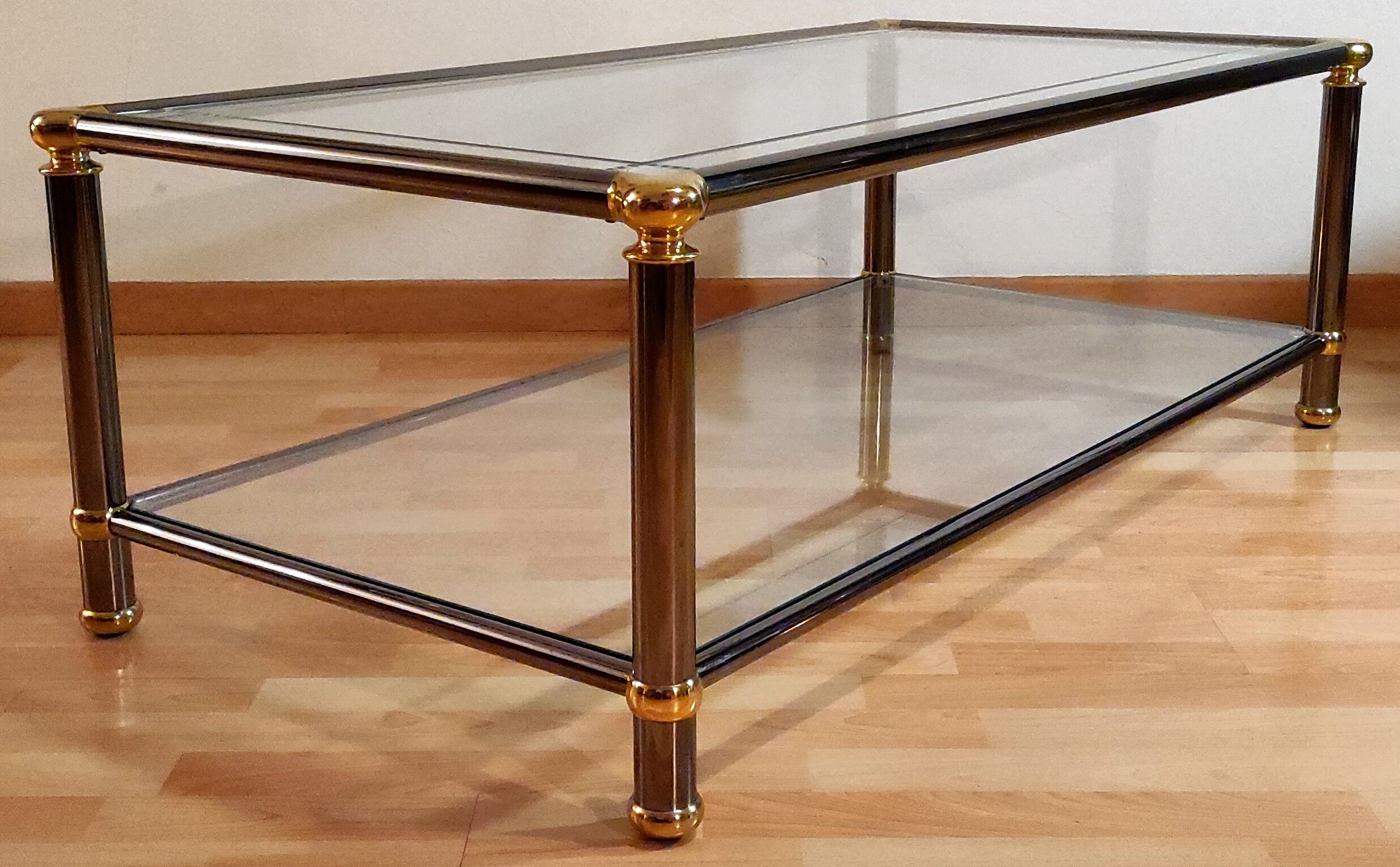 Hollywood regency gold metal & smoked silver coffee table, cut glass