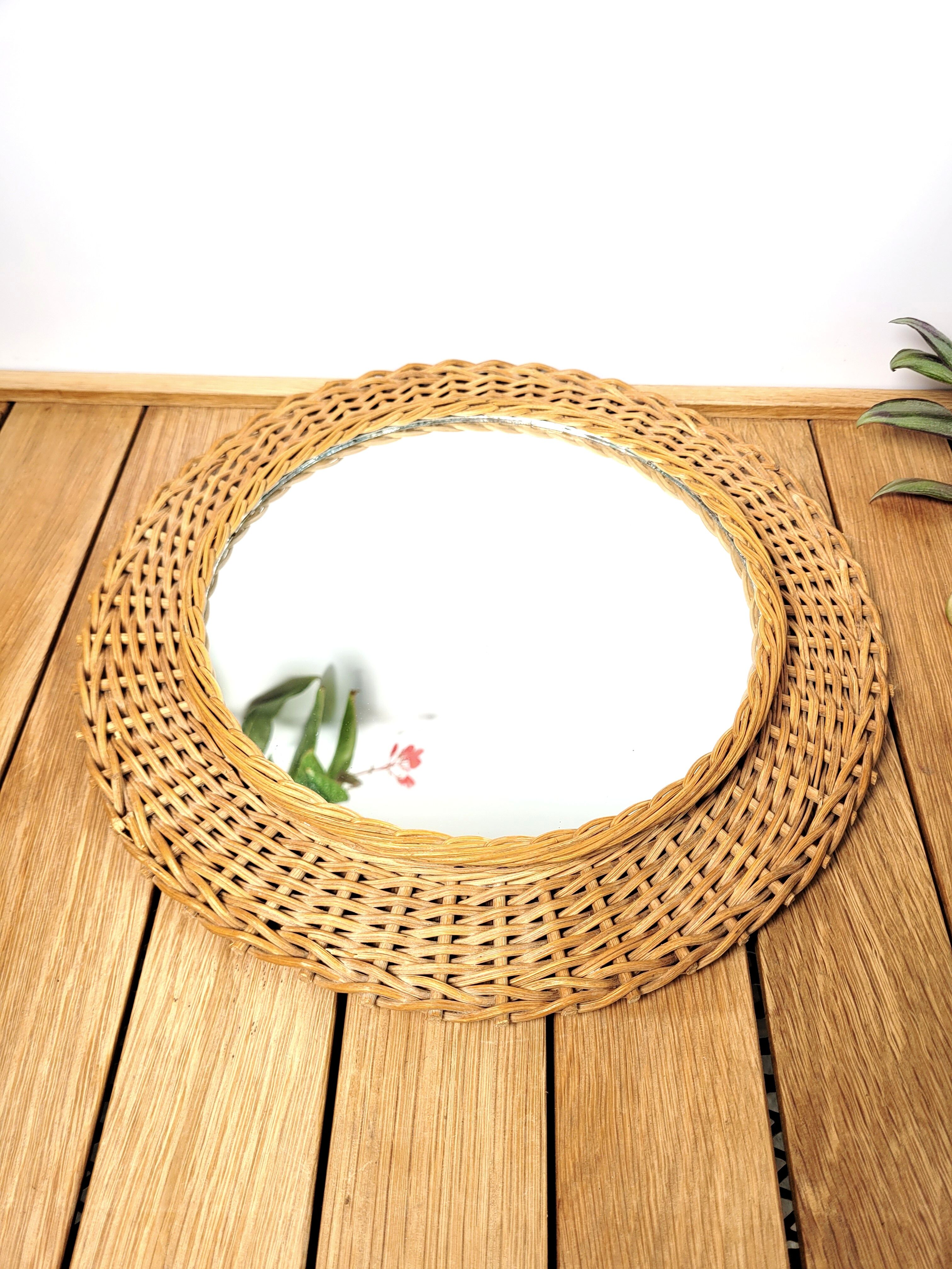 Round mirror 30cm wicker 1960
