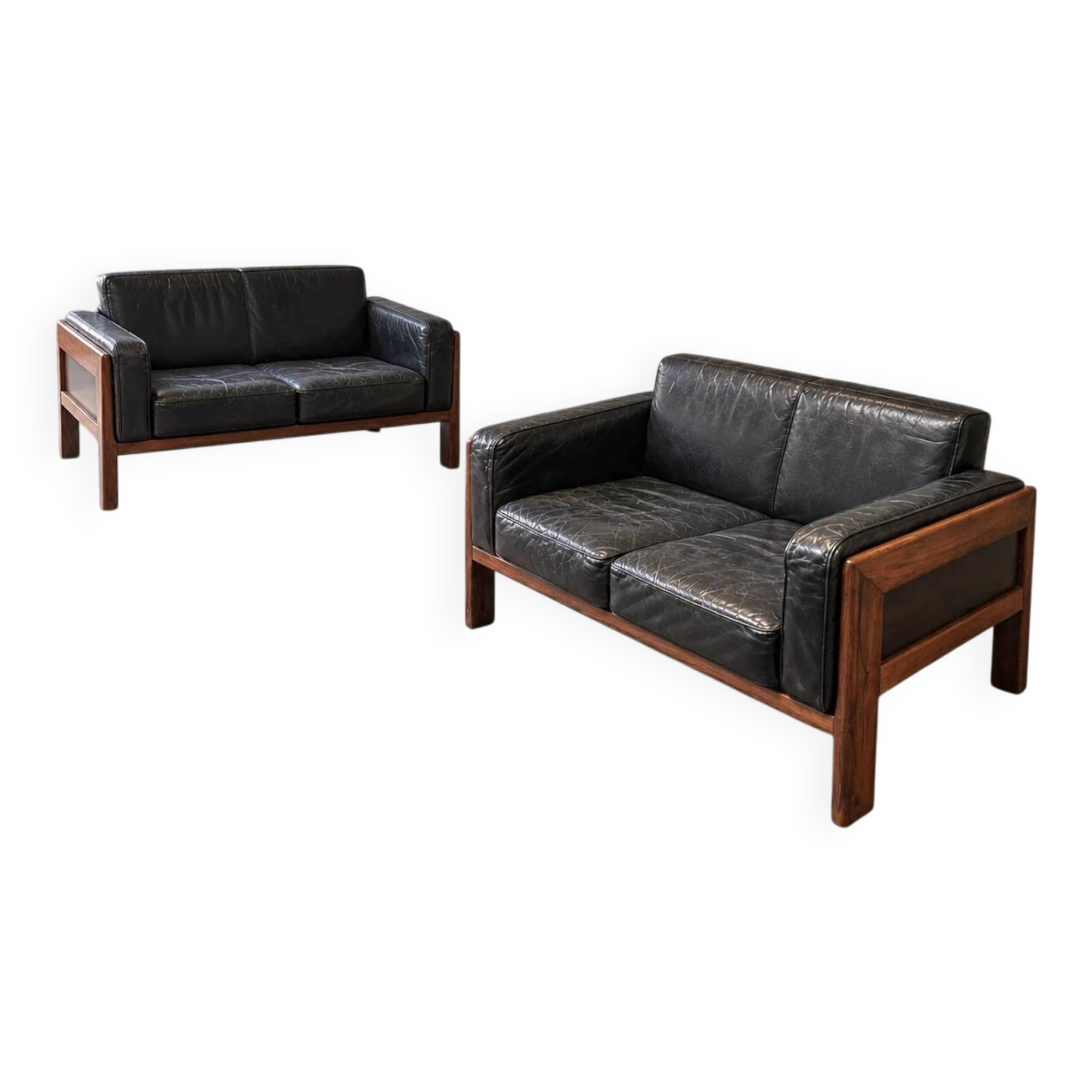 2 x canapé en rosewood italien des années 60 en cuir noir Bastiano par Afra Tobia Scarpa / Knoll / Gavina / années 1960