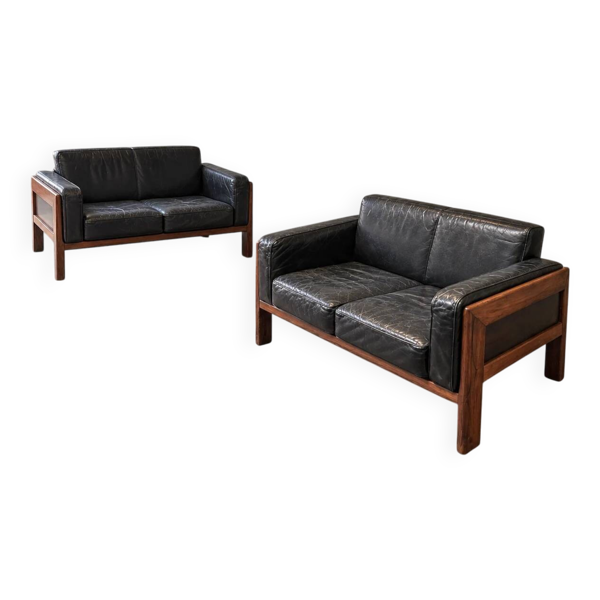 2 x canapé en rosewood italien des années 60 en cuir noir Bastiano par Afra Tobia Scarpa / Knoll / Gavina / années 1960