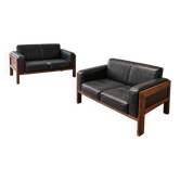 2 x canapé en rosewood italien des années 60 en cuir noir Bastiano par Afra Tobia Scarpa / Knoll / Gavina / années 1960