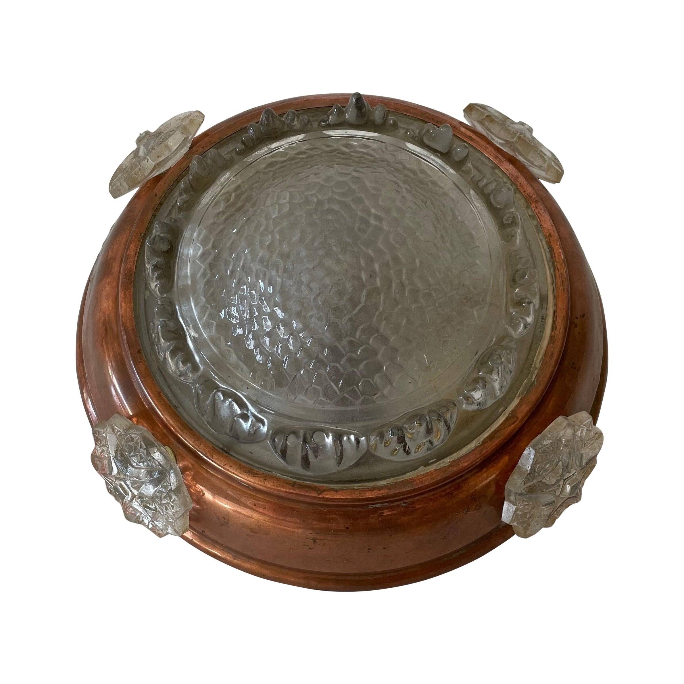 Exceptional flush ceiling light Italian Art Deco in copper and glass, 1940s, Italy