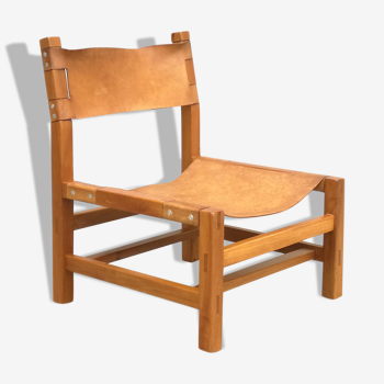 Armchair in solid elm and leather Maison Regain 1970