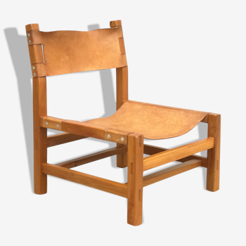 Fauteuil en orme massif et cuir de Maison Regain 1970