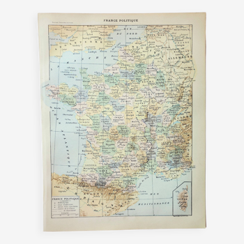 Gravure ancienne 1898, France, carte, politique • Lithographie, Planche originale