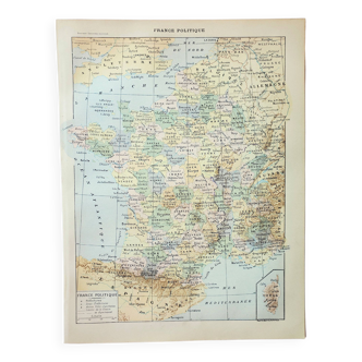 Old engraving 1898, France, map, politics • Lithograph, Original plate