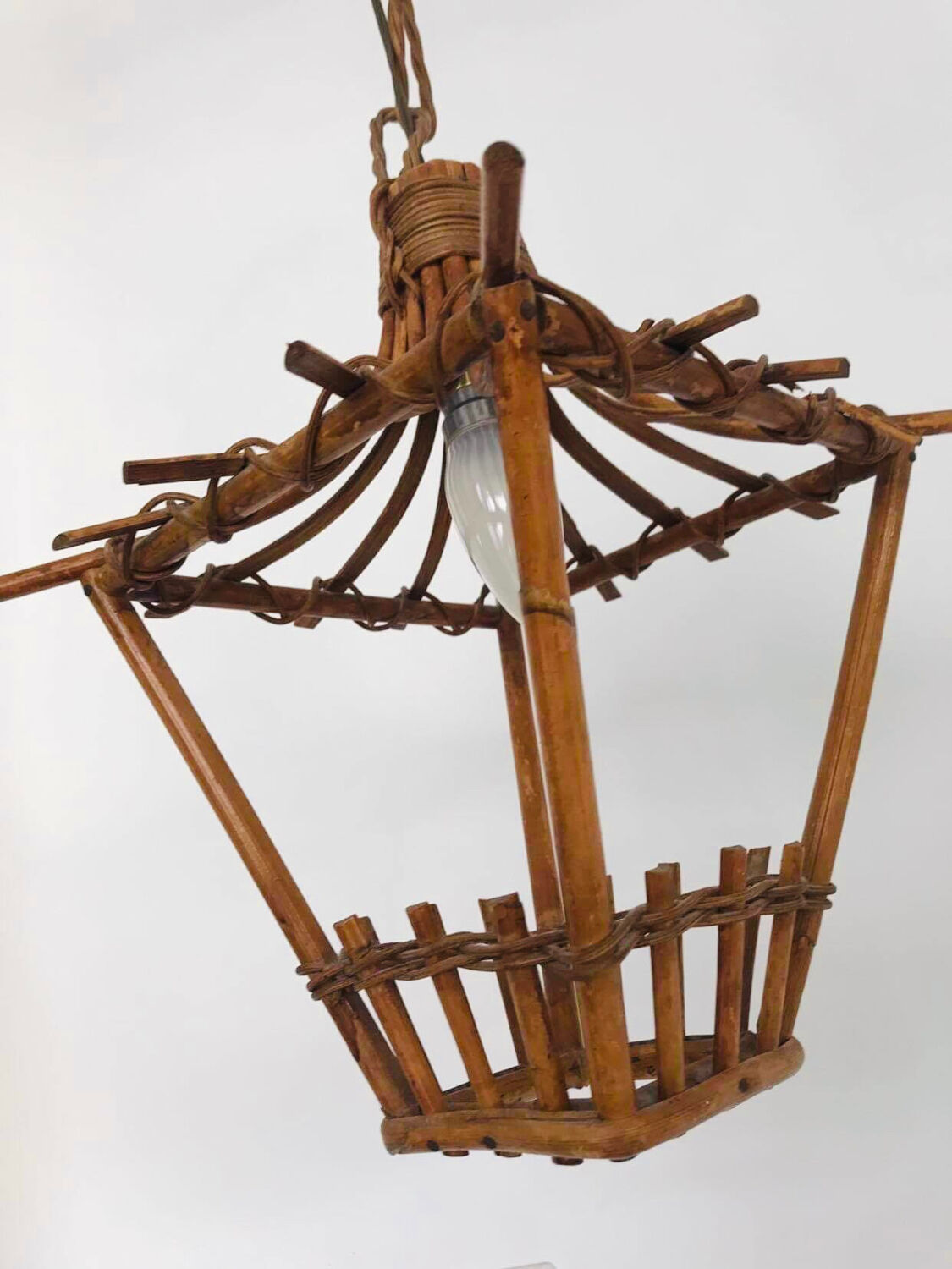 Vintage rattan lamp, old wicker hanging light