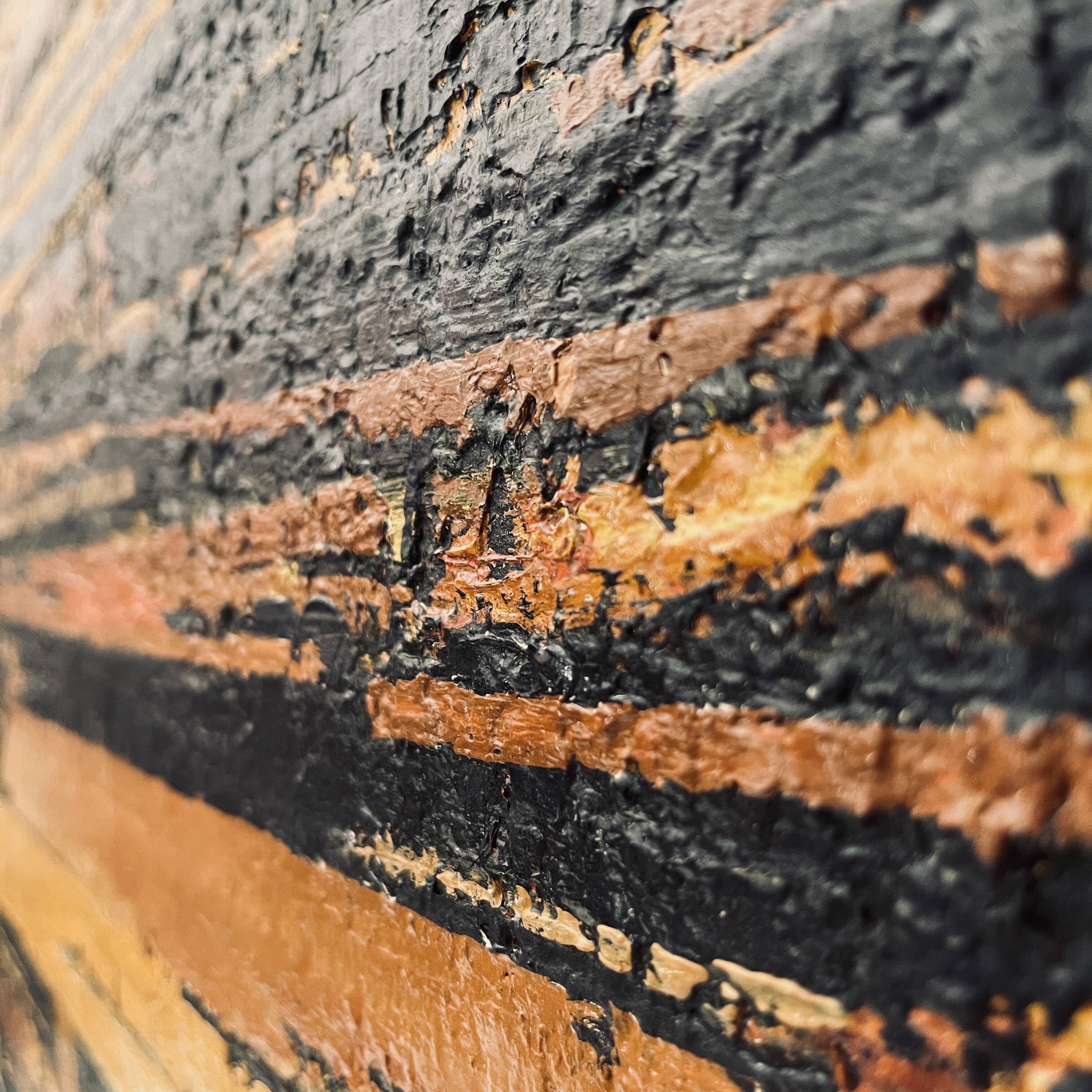 Orange and black abstract painting, oil on panel, Serge Detriaux, 1998