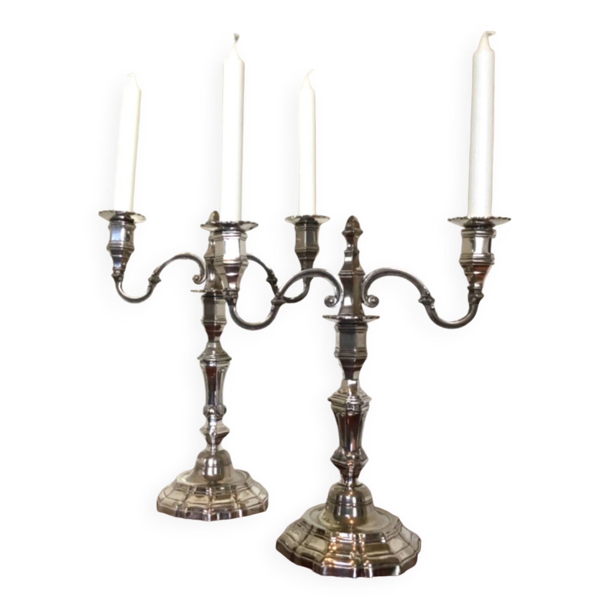 Pair of silver-plated metal candelabra in the Regency style
