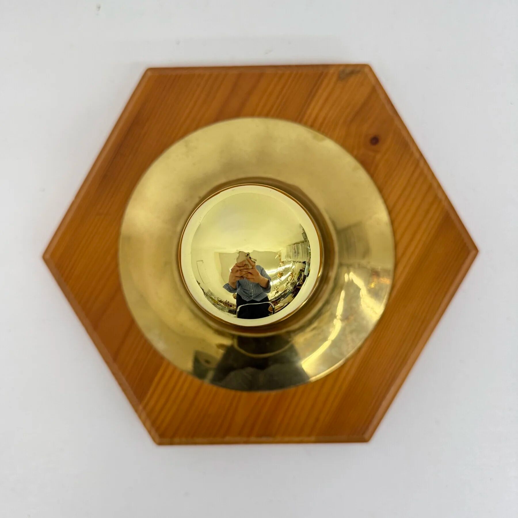 Vintage hexagonal wall lamp with pine wood and brass, 1970s