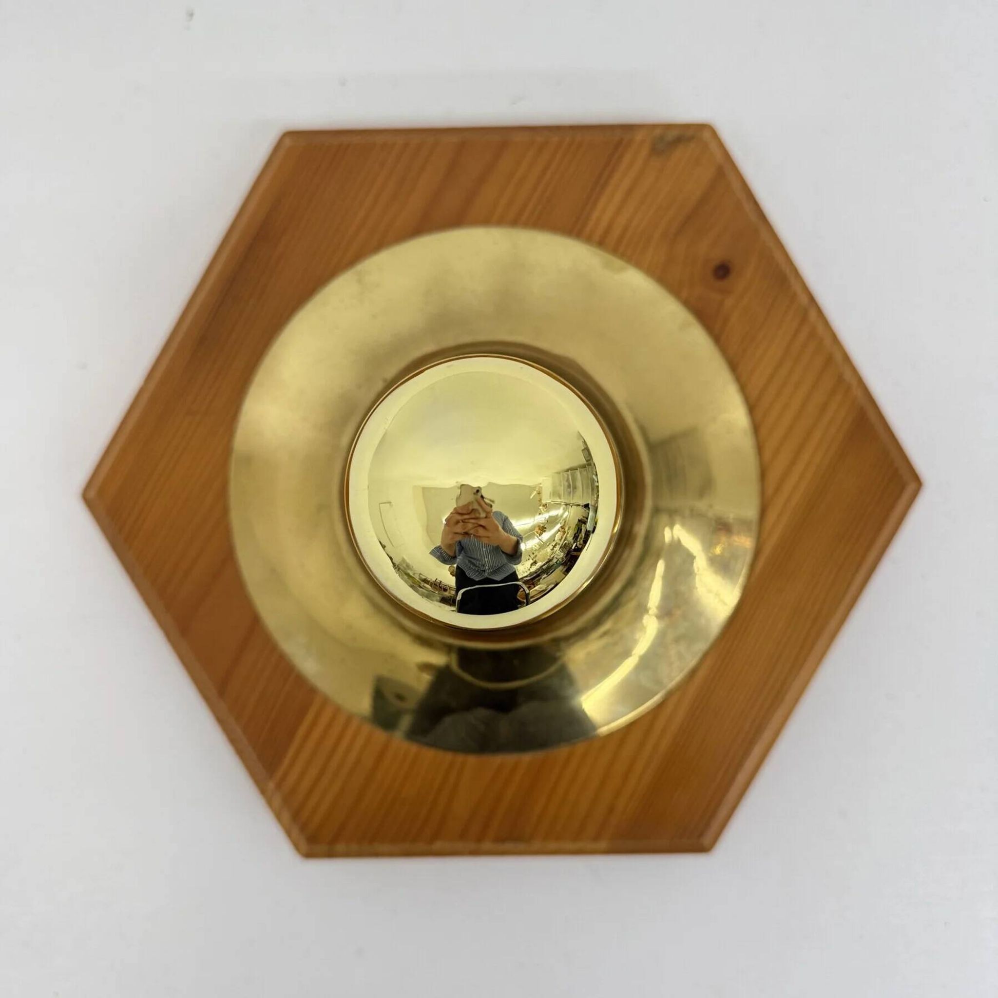 Vintage hexagonal wall lamp with pine wood and brass, 1970s