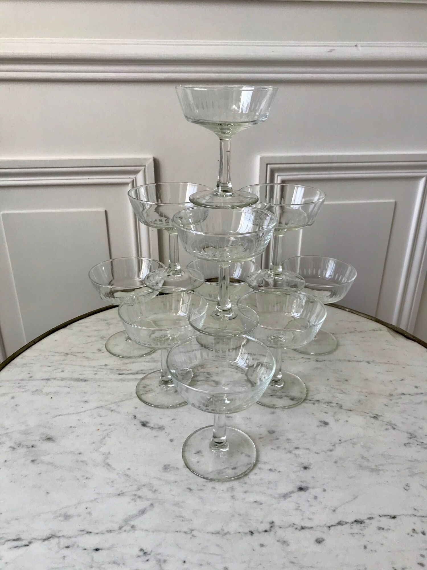 Lot de 10 coupes à champagne en verre cristallin années 50-60