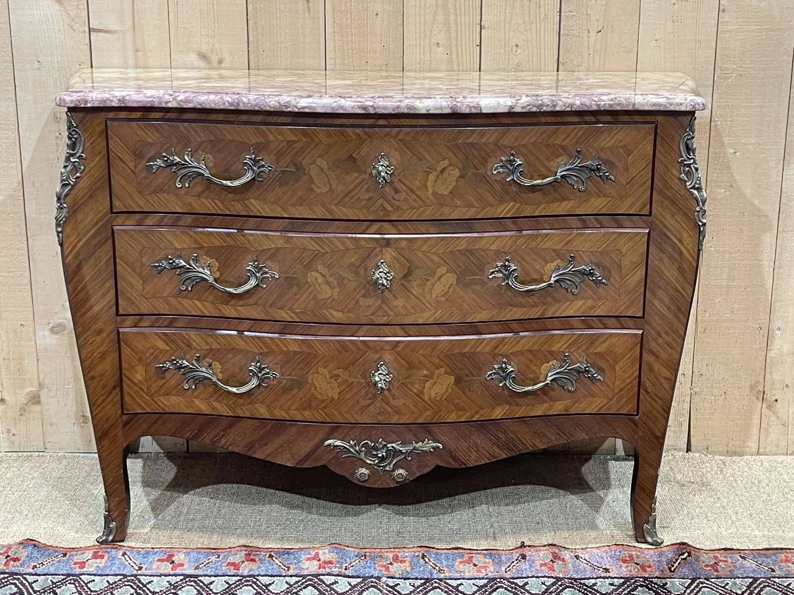 Louis XV style chest of drawers in rosewood, oak and marble top, made in the 70s