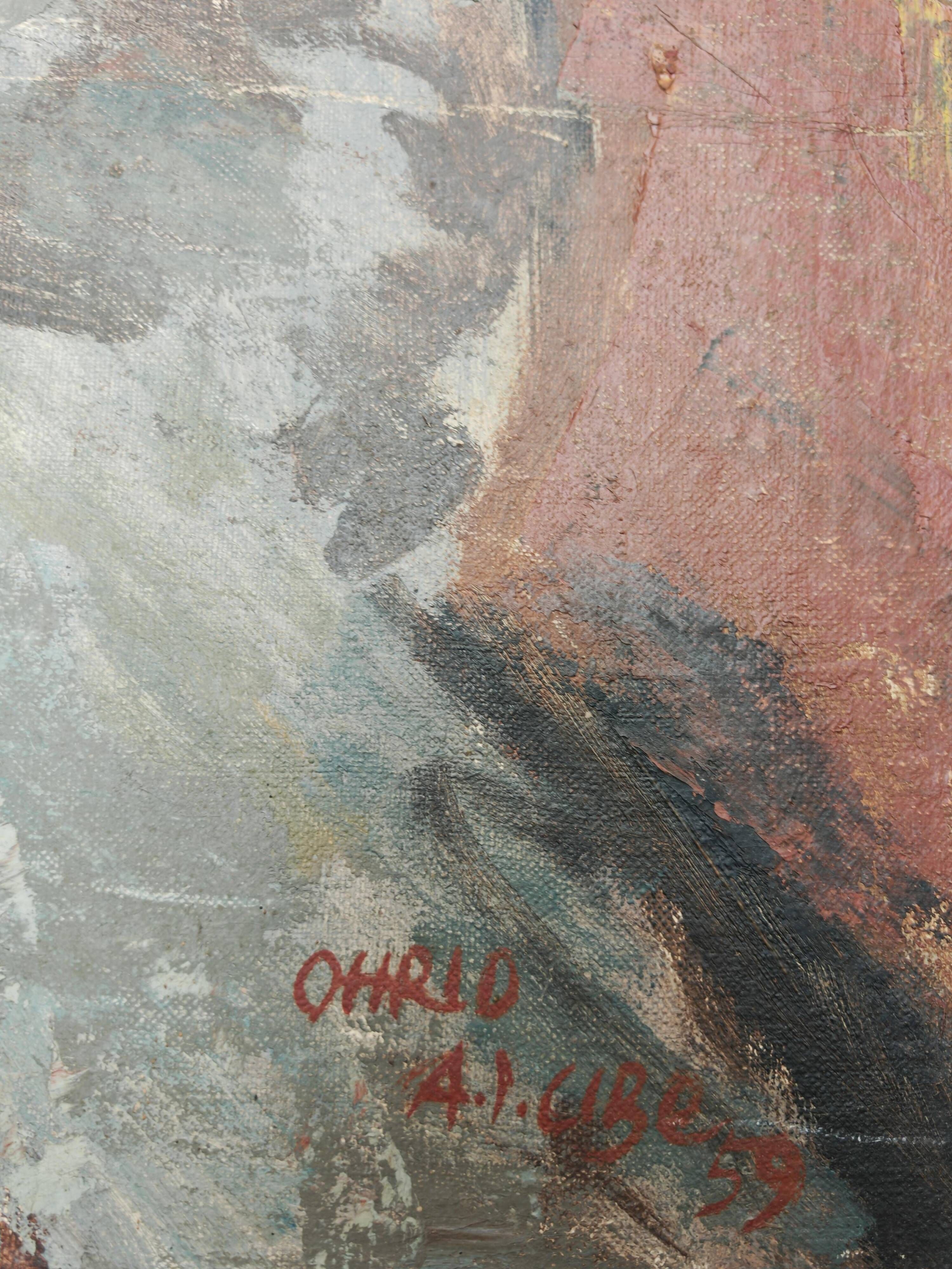 Modernist oil on canvas "Ohrid" by Aleksandar Jeremic Cibe, 1959
