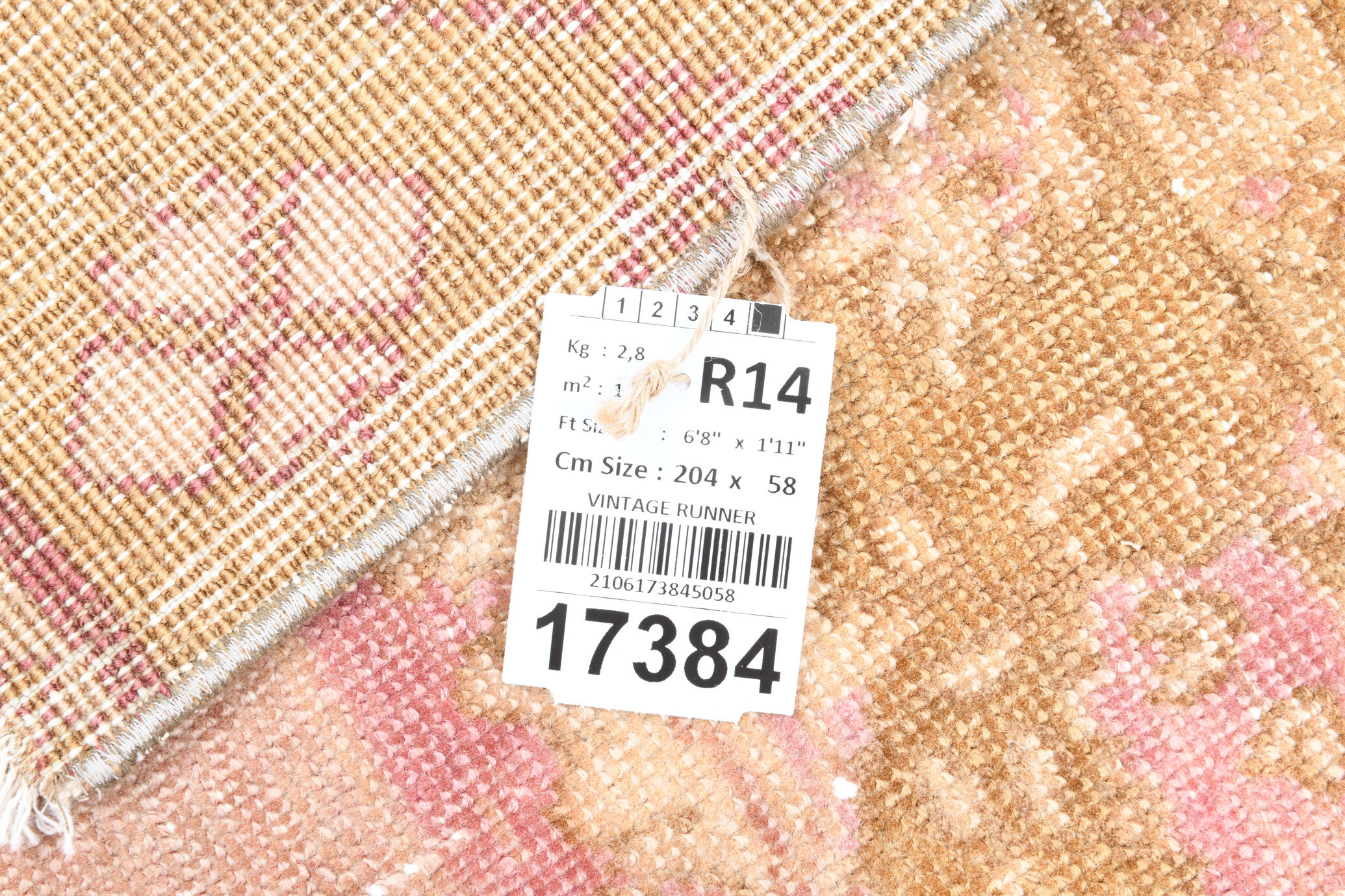 2x7 pink and brown turkish runner rug, 204x58cm