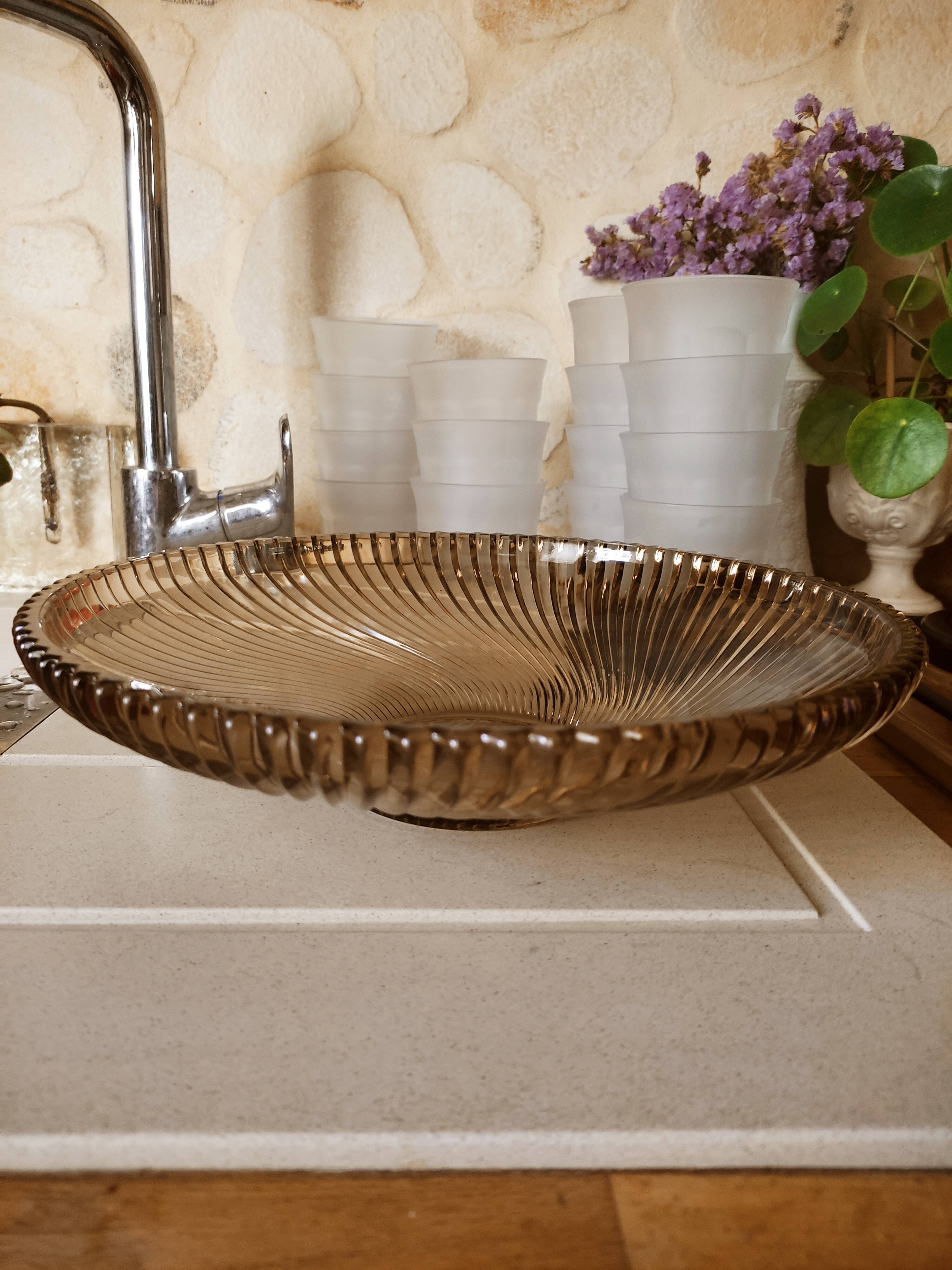 Art Deco cut or dish in smoked glass