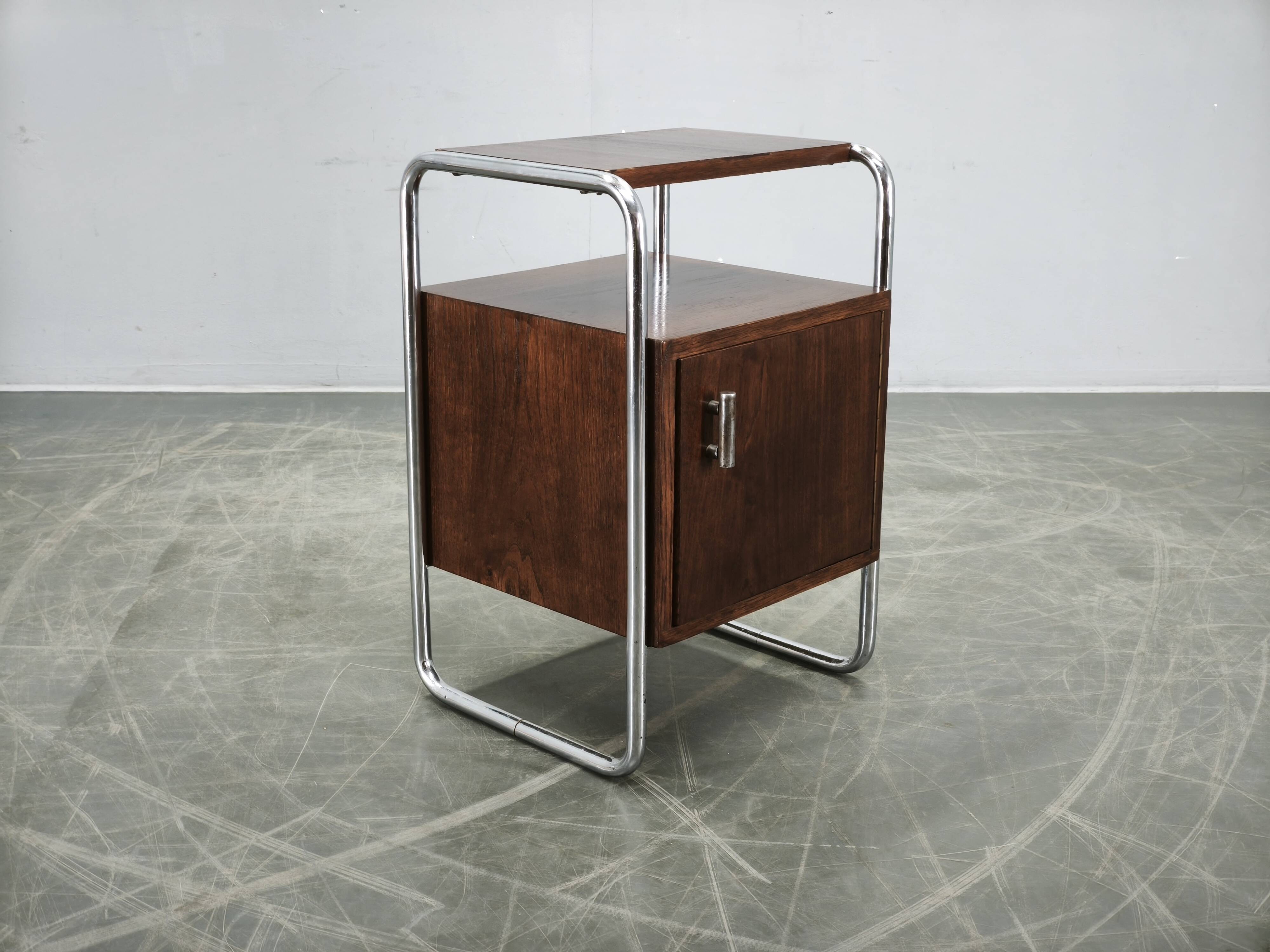 Bauhaus Oak and Chrome Tubular Nightstand, Czechoslovakia 1940s