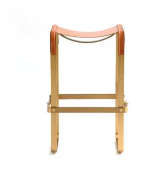 Tabouret de Bar Acier Laiton Vieilli et Cuir de Selle Marron Foncé, Style Contemporain