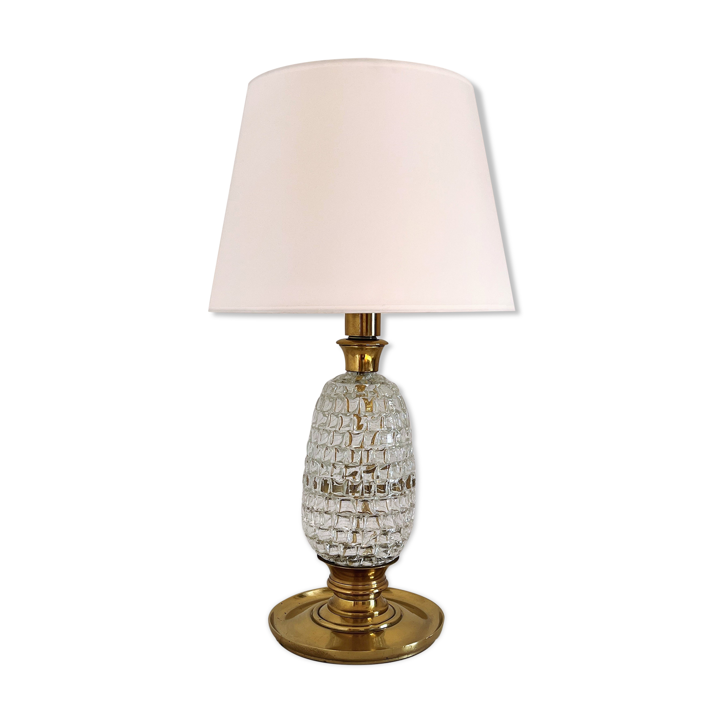 Italian mid-century table lamp with brass and creased murano glass