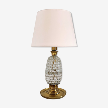 Italian mid-century table lamp with brass and creased murano glass