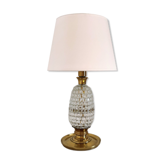 Italian mid-century table lamp with brass and creased murano glass