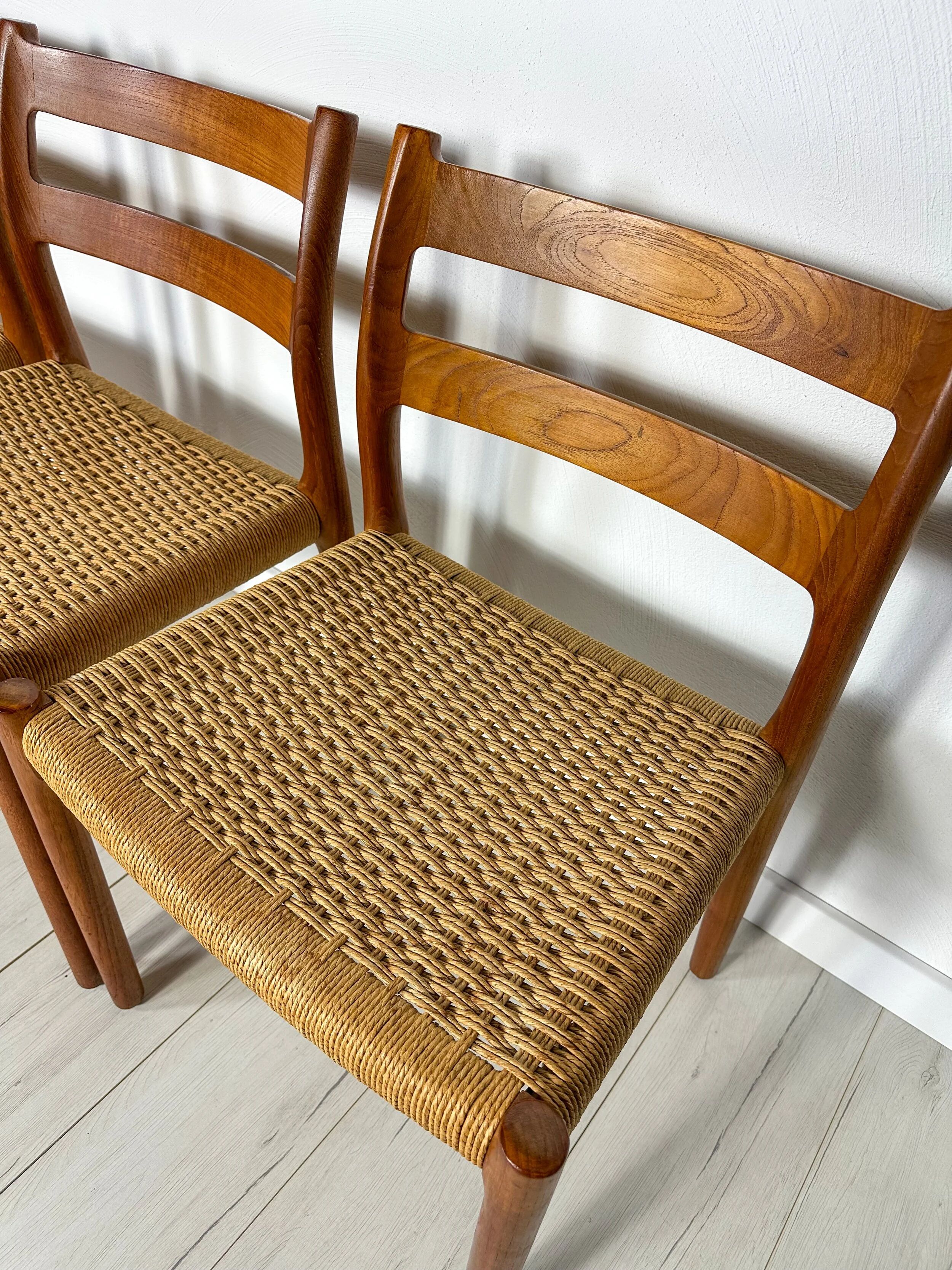 1960s Set of 6 Danish Teak Papercord Dining Chairs Model 84 by Niels Møller