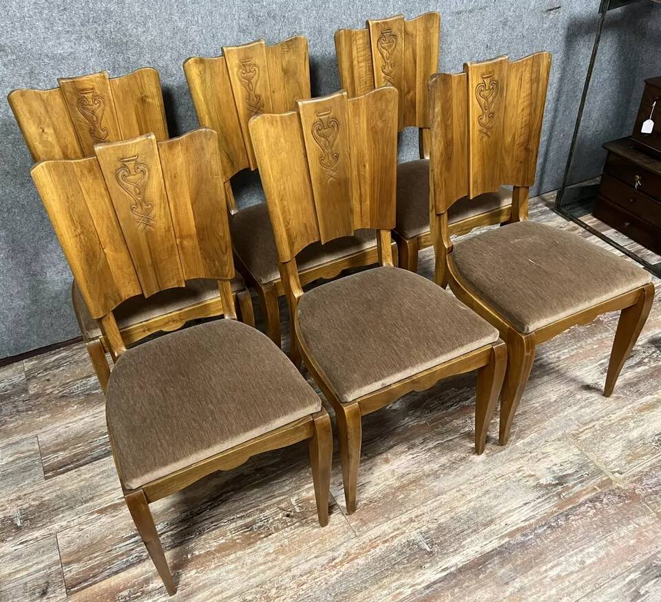 Set of 6 Art Deco period walnut chairs with fan backs, circa 1930