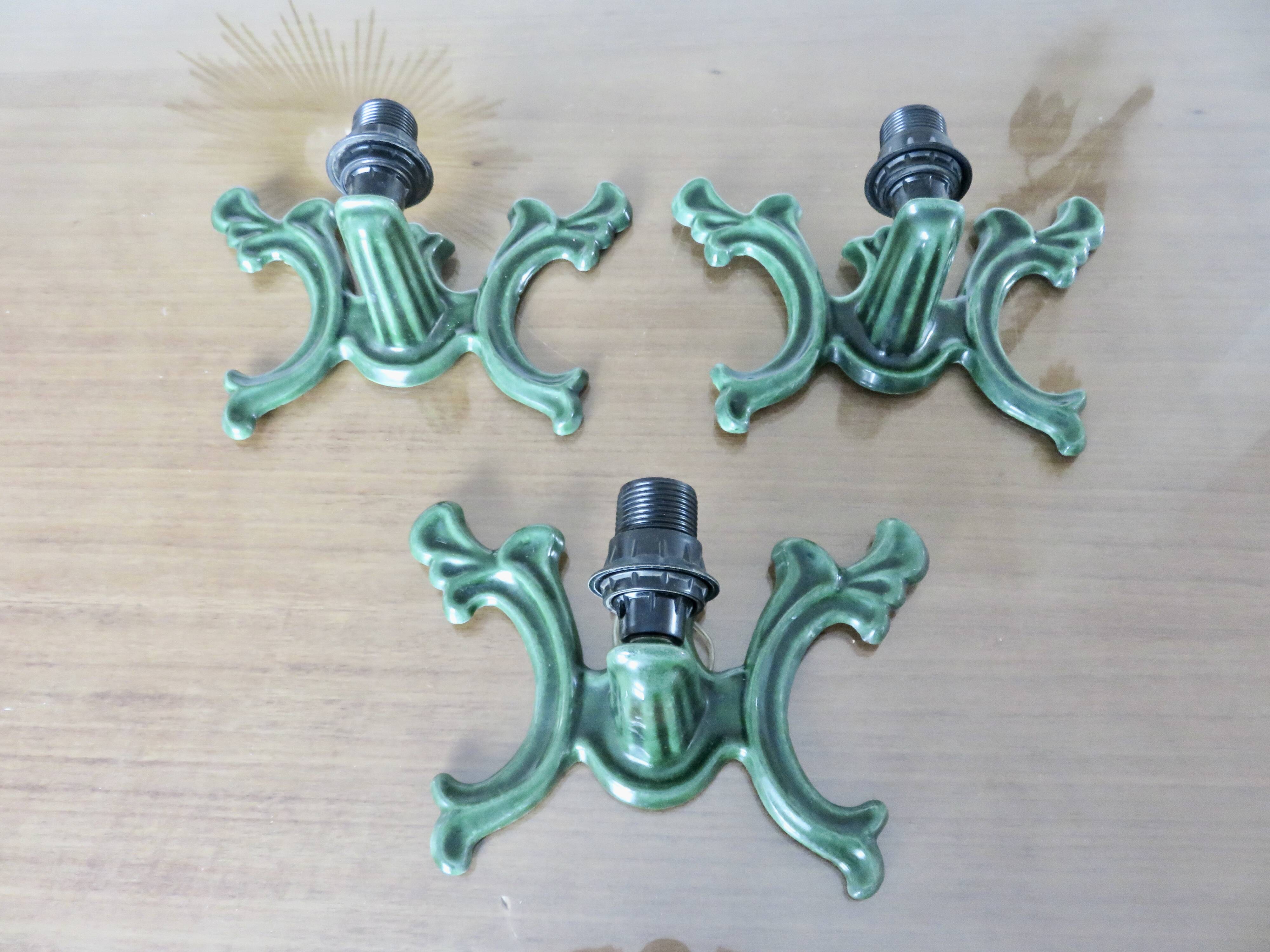Series of 3 green enameled cast iron wall lights from the 30s and 40s