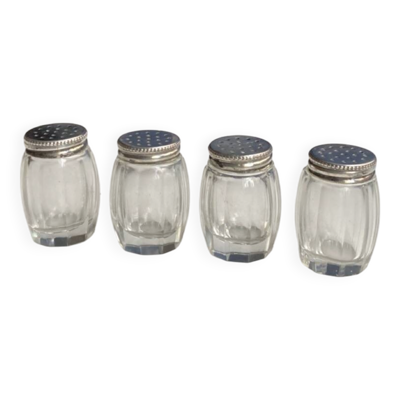 Ensemble de salières/poivrières argent poinçonné et verre bombé cannelé