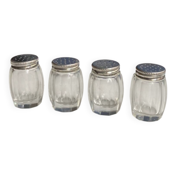 Ensemble de salières/poivrières argent poinçonné et verre bombé cannelé