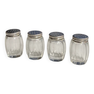Set of hallmarked silver and fluted domed glass salt/pepper shakers