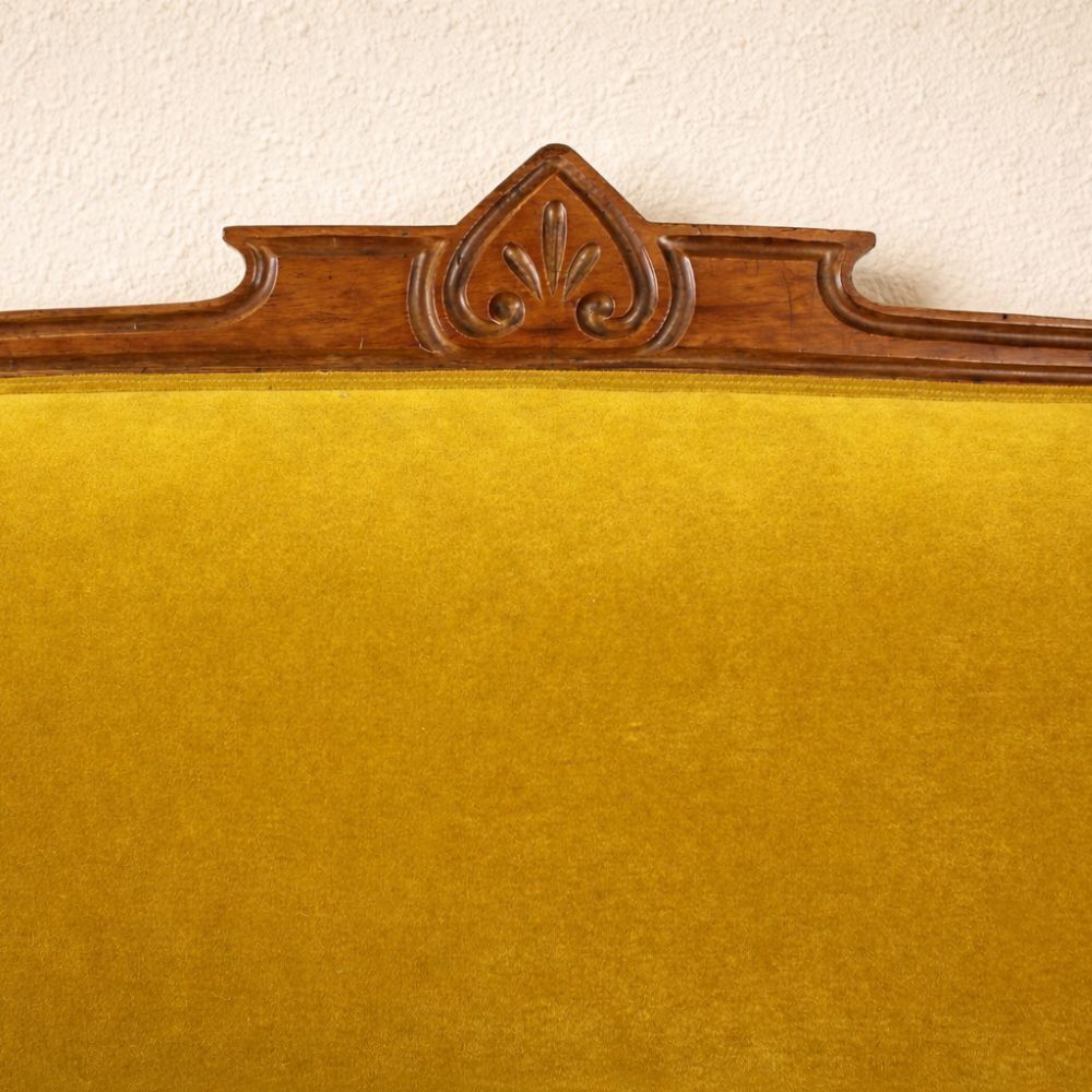 Art Nouveau walnut and mustard velvet sofa