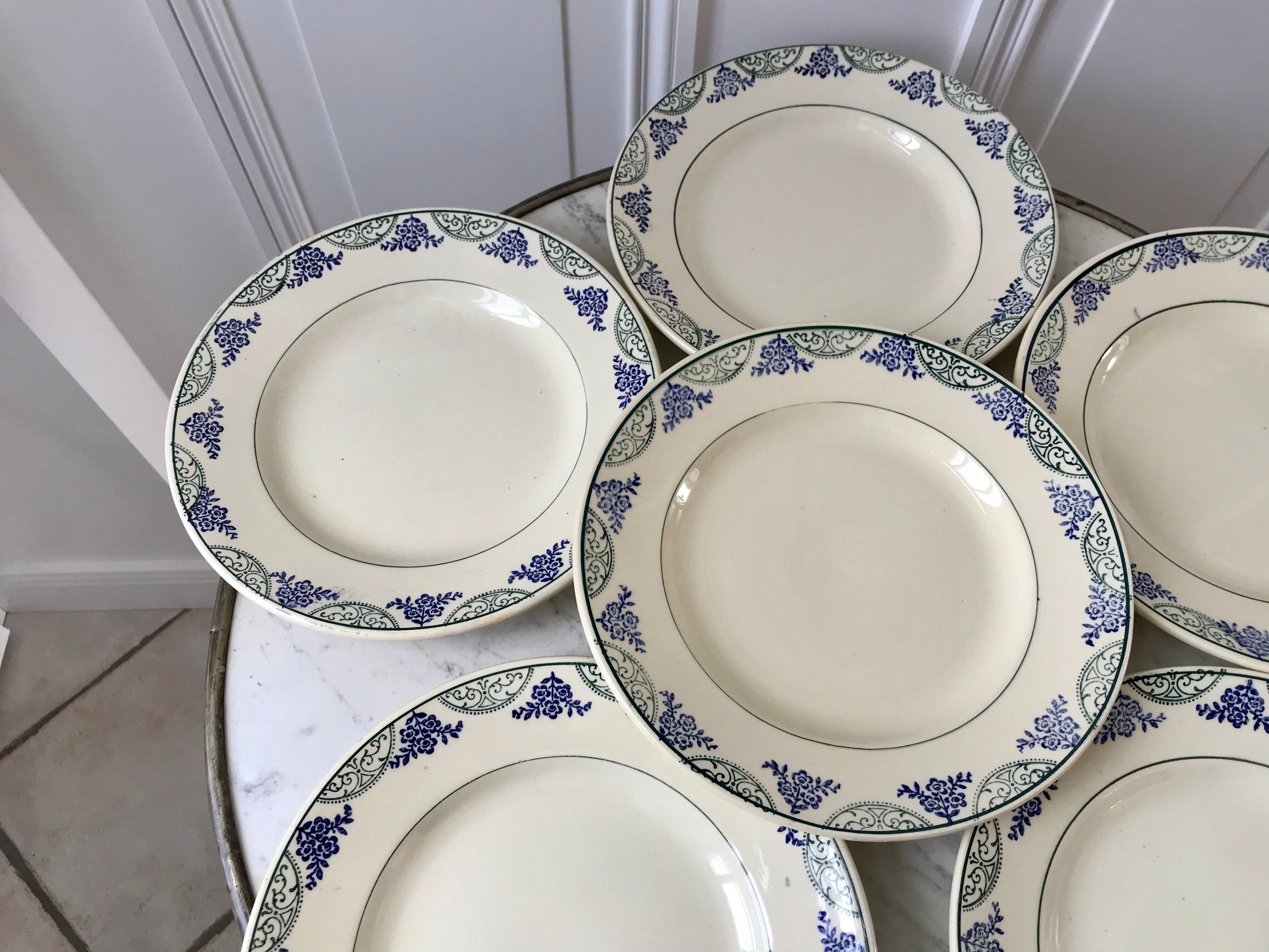 Lot de 6 assiettes plates Terre de Fer Moulins des Loups & Hamage vertes et bleues fin XIXème