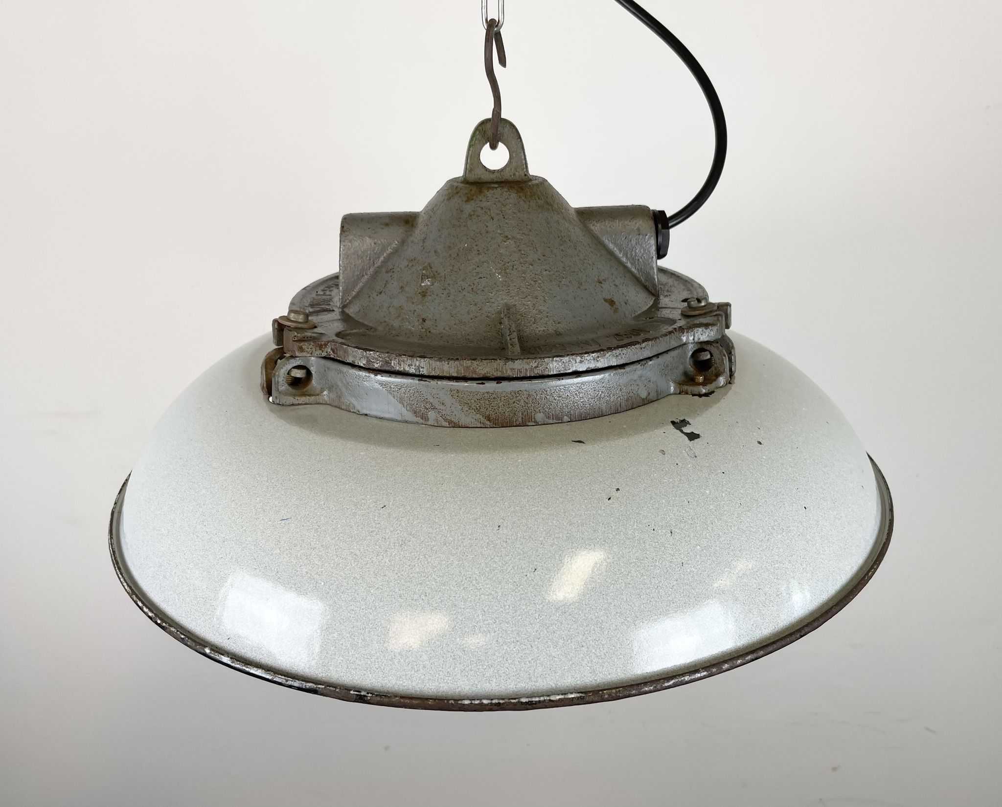 Industrial Grey Enamel Factory Cage Pendant Lamp in Cast Iron from Zaos, 1960s