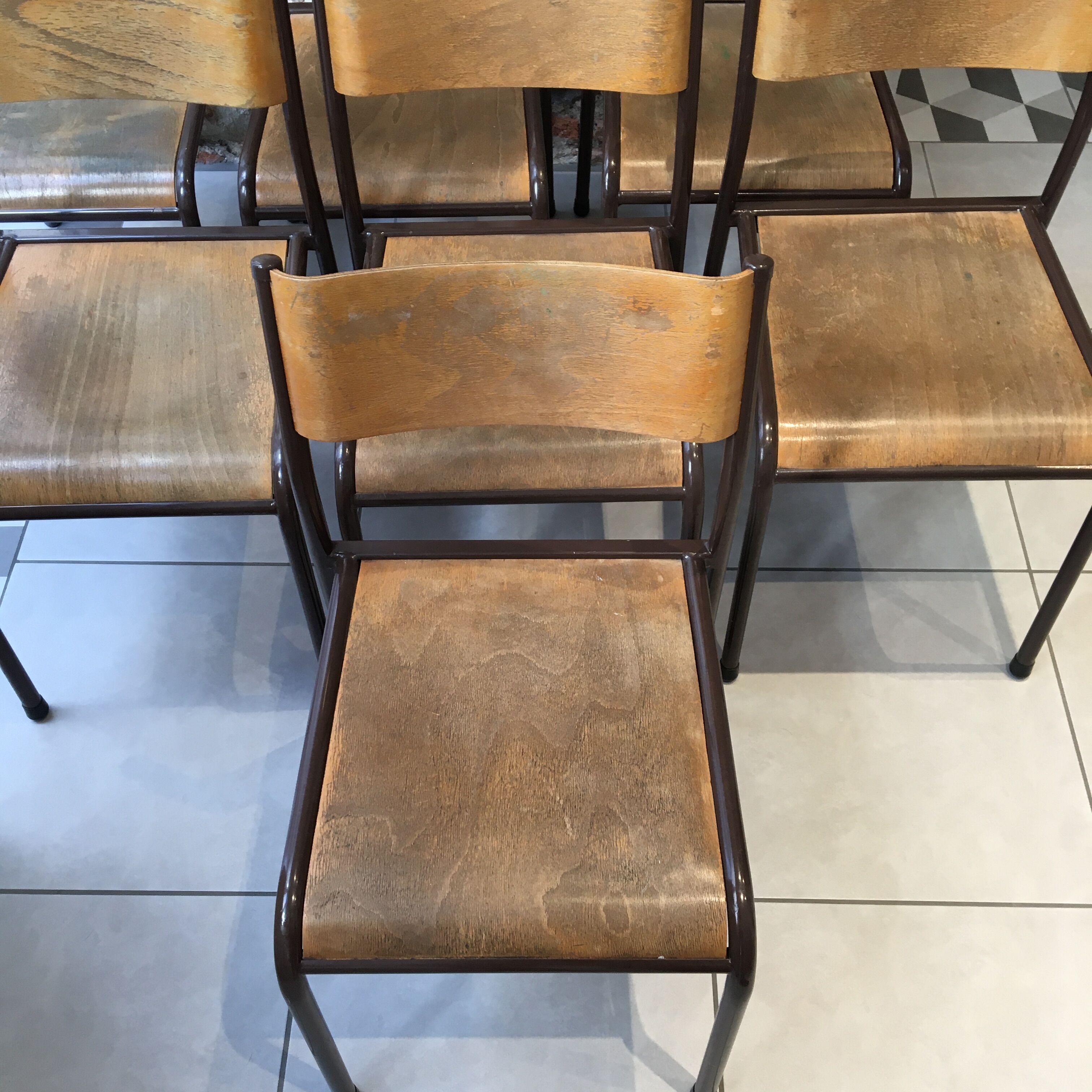 Set of 7 curved back school chairs