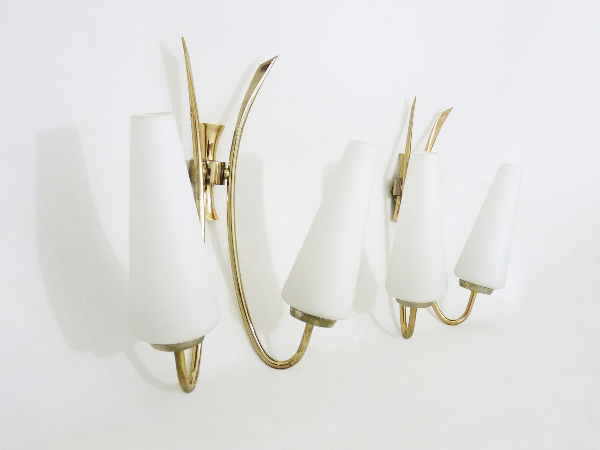 Pair of brass wall sconces and double tube in white opaline 1960