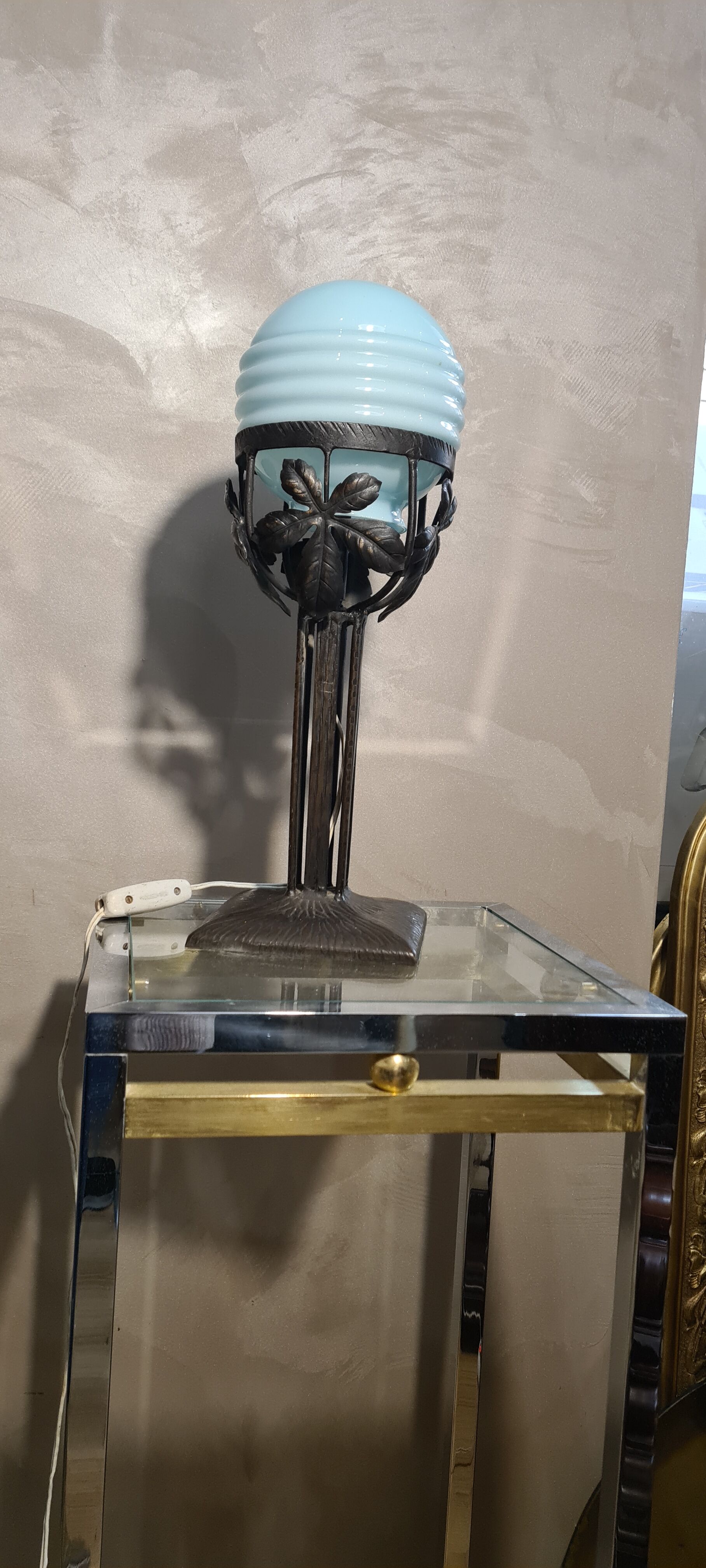 Blue opaline wrought iron lamp 1920 , 40x14