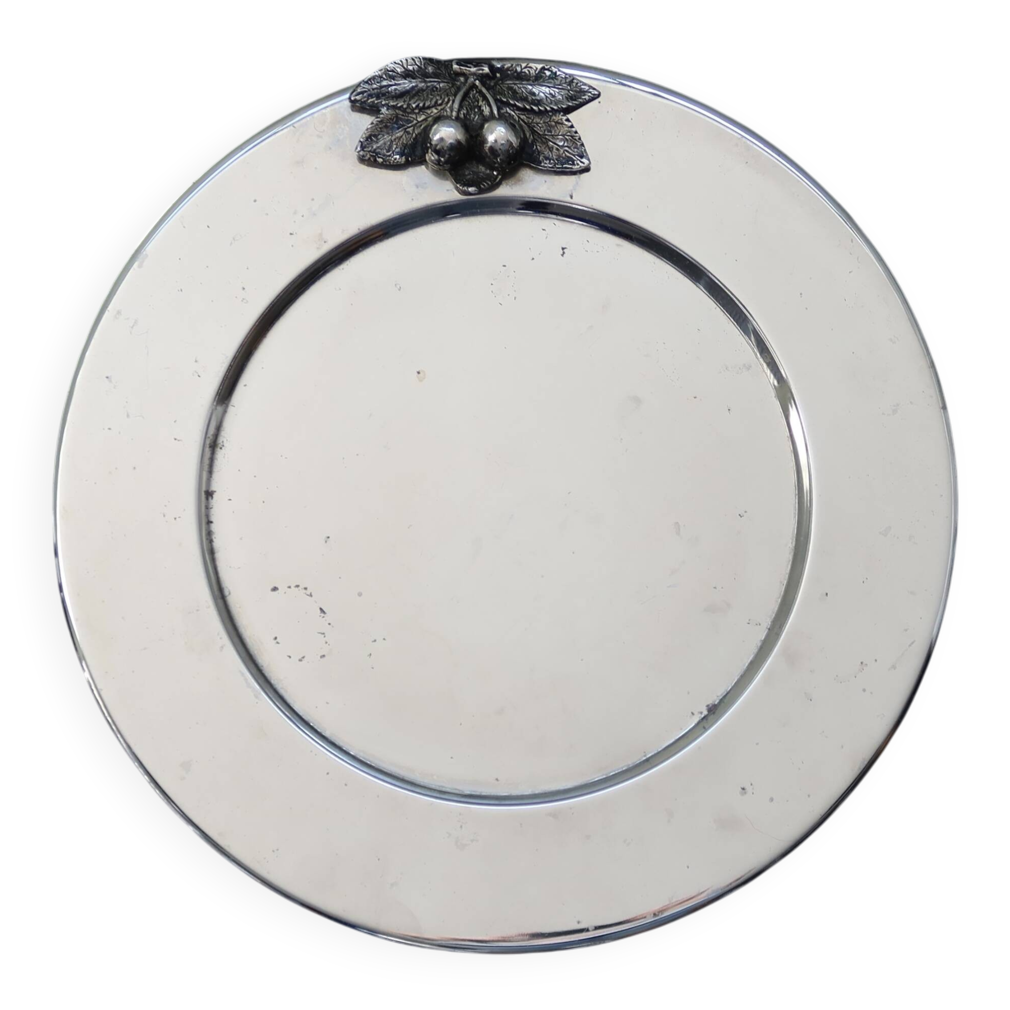 Vintage round silver metal tray with cherries