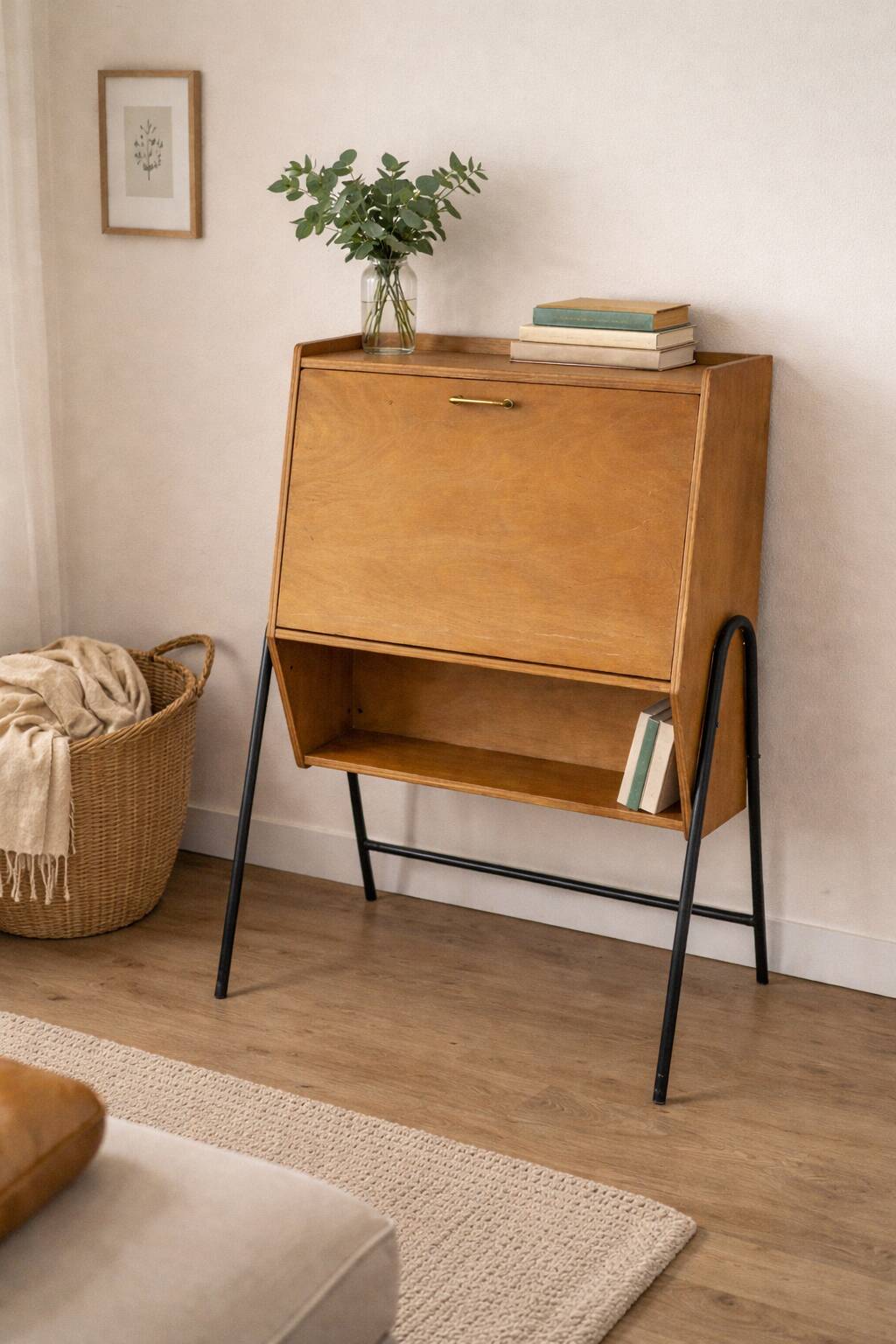 Vintage 1960s wooden secretary with metal legs.