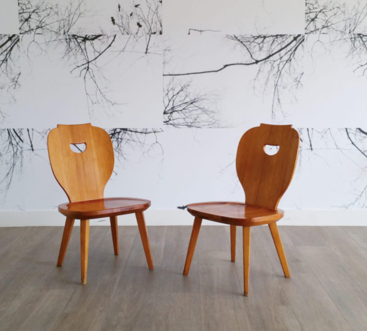 Set of 2 low pine chairs by Carl Malmsten for Svensk Fur 1950