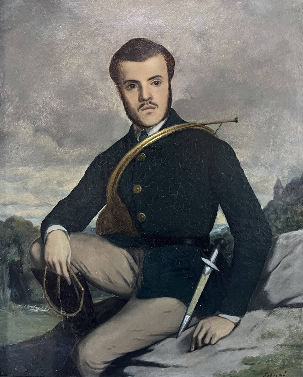 French school early 20th century, Portrait of a hunter, oil on canvas signed